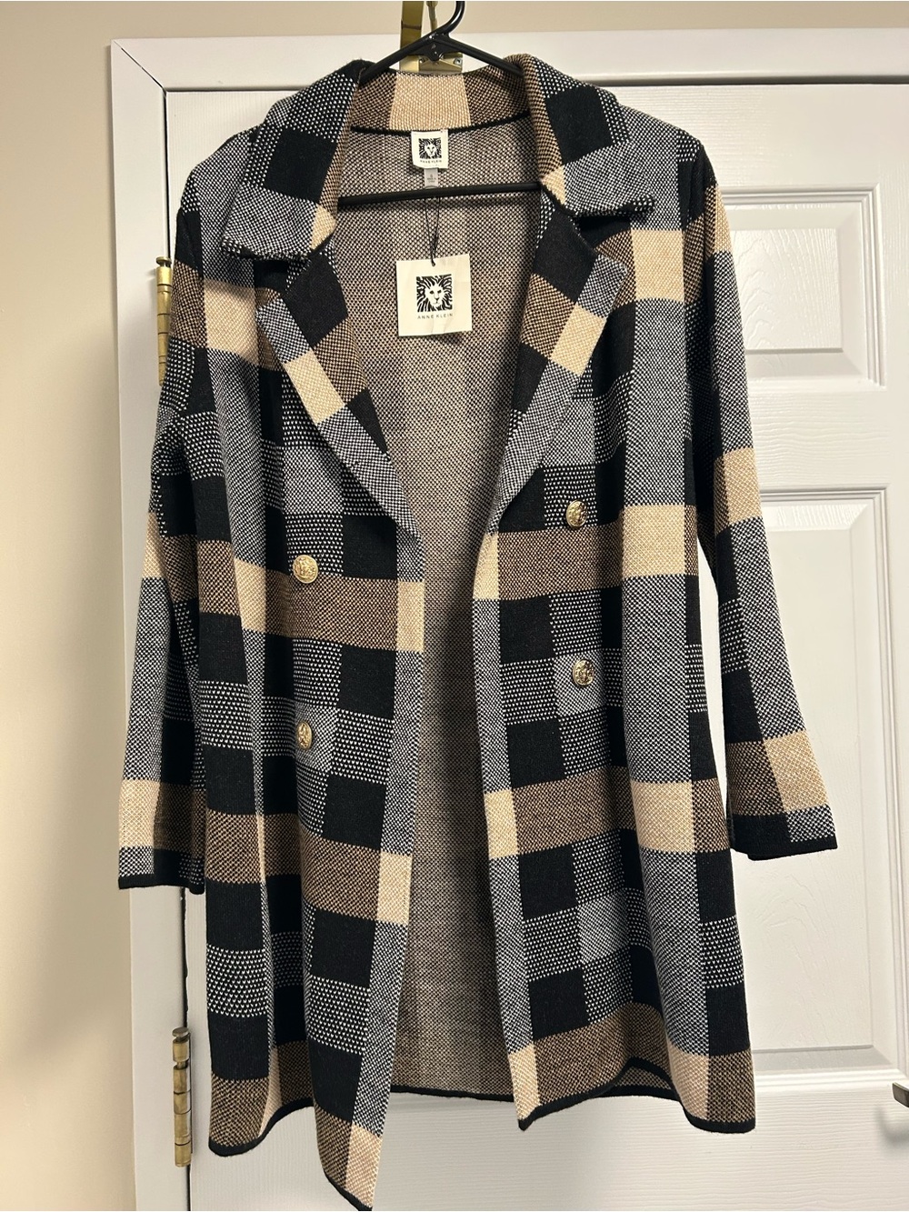 Anne Klein Black Beige & Gray Checked Knit Cardigan Size S